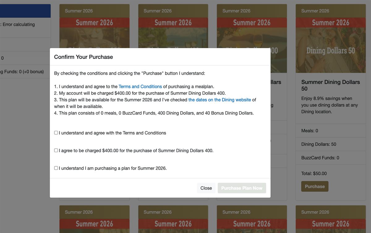 Meal-plan purchase confirmation modal requiring a student to acknowledge terms and cost before purchase