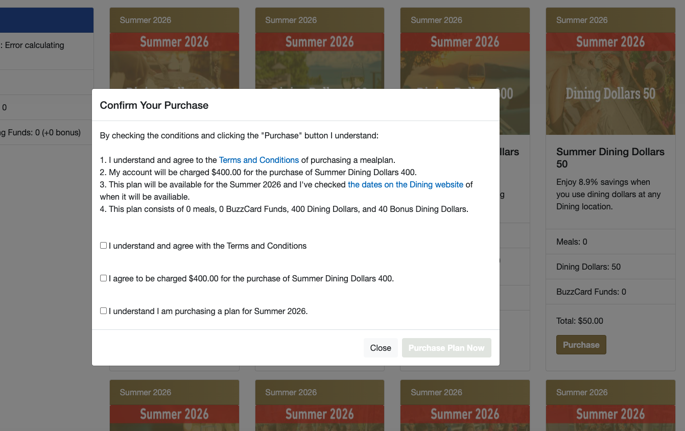 Meal-plan purchase confirmation modal requiring a student to acknowledge terms and cost before purchase