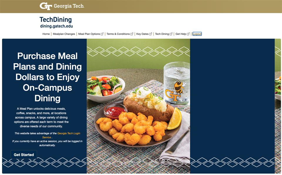 Georgia Tech TechDining meal-plan platform landing page