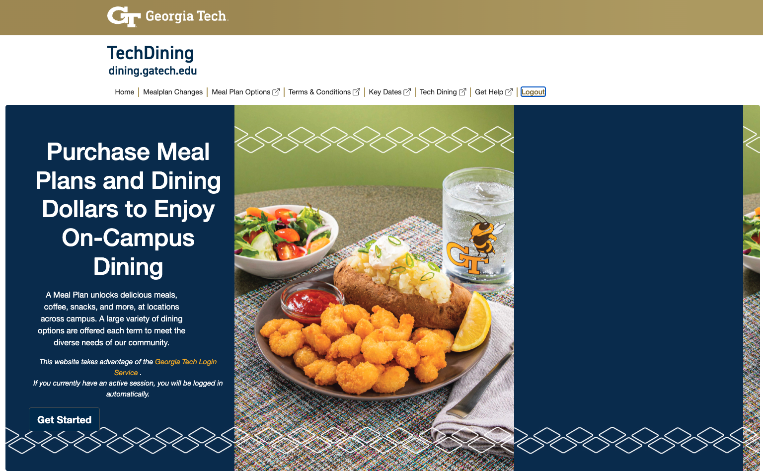Georgia Tech TechDining meal-plan platform landing page
