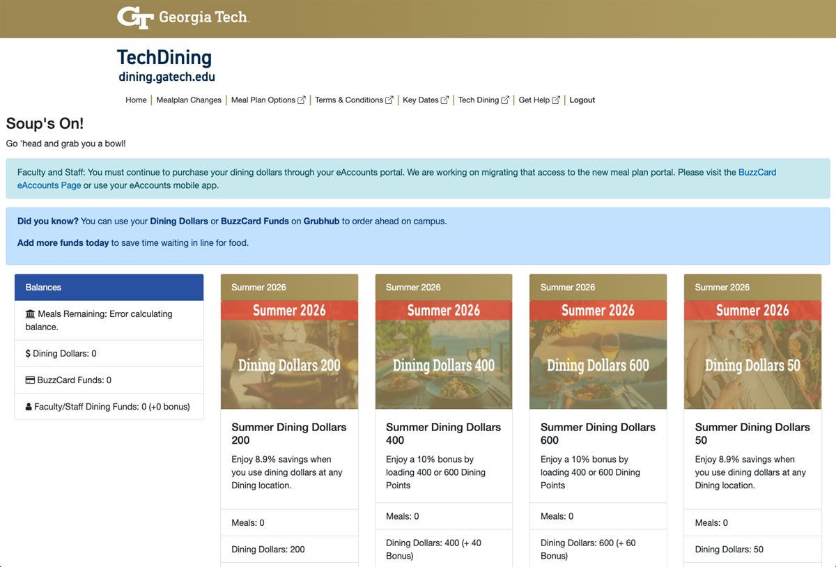 Georgia Tech meal-plan marketplace showing plans available for student self-service purchase
