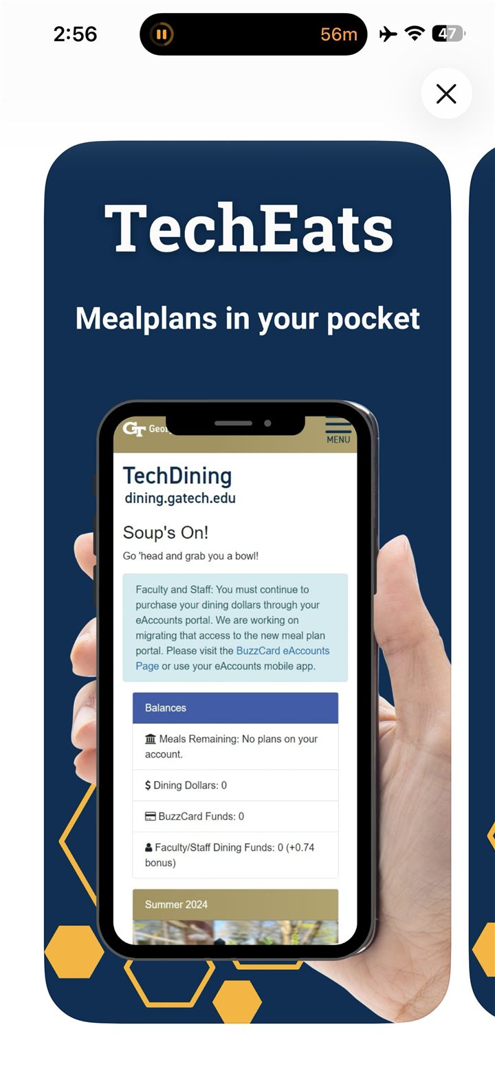 TechEats mobile app-store image showing the student meal-plan experience on a phone