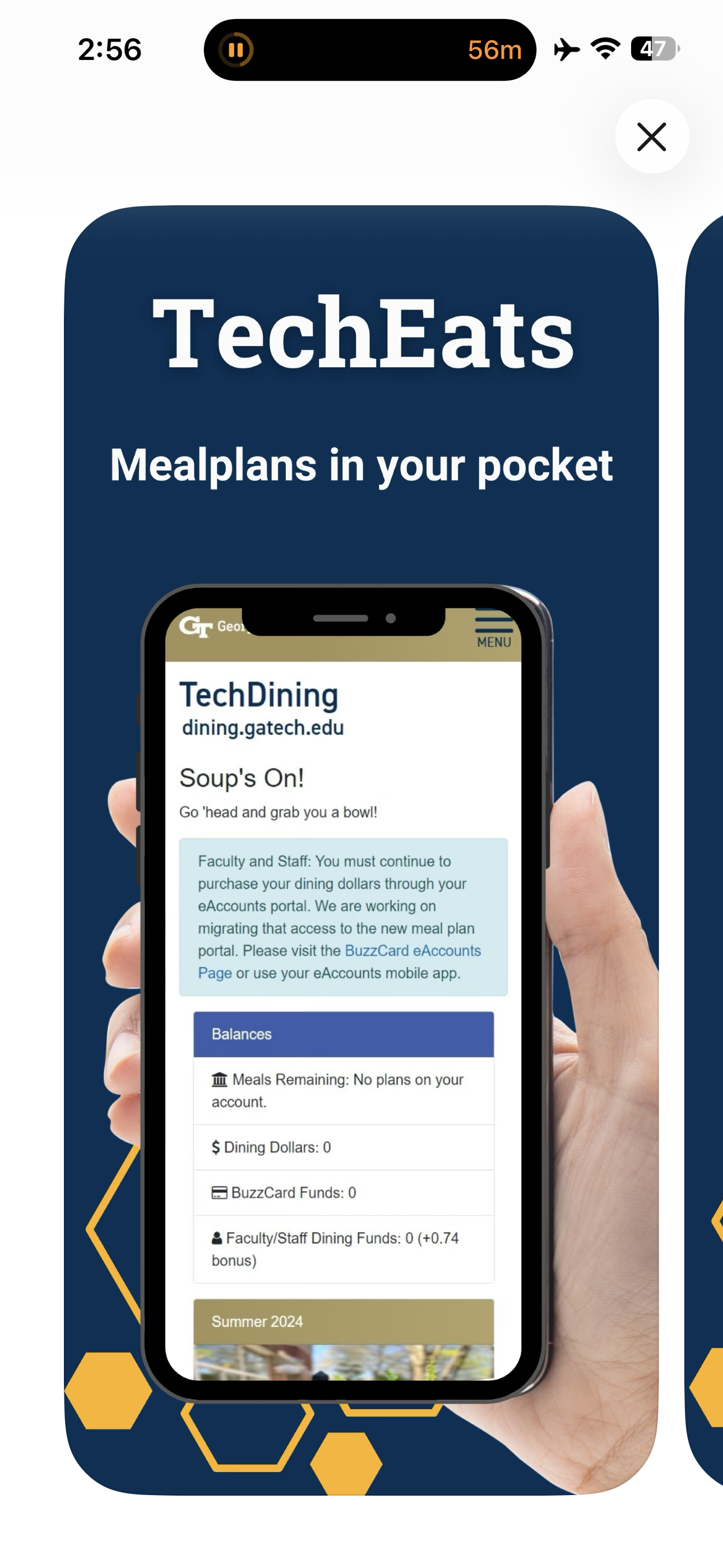 TechEats mobile app-store image showing the student meal-plan experience on a phone
