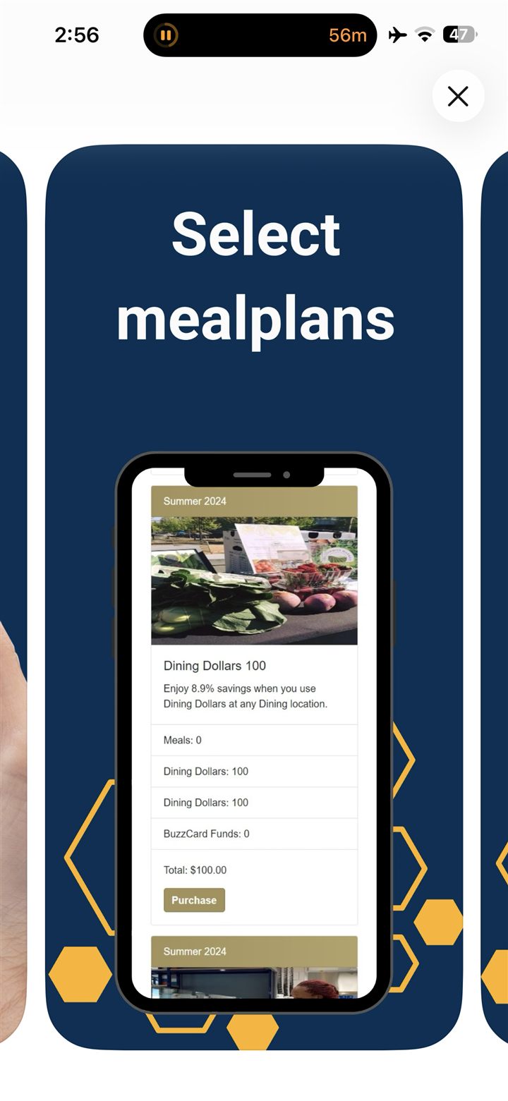 TechEats mobile app-store image showing a student selecting meal plans