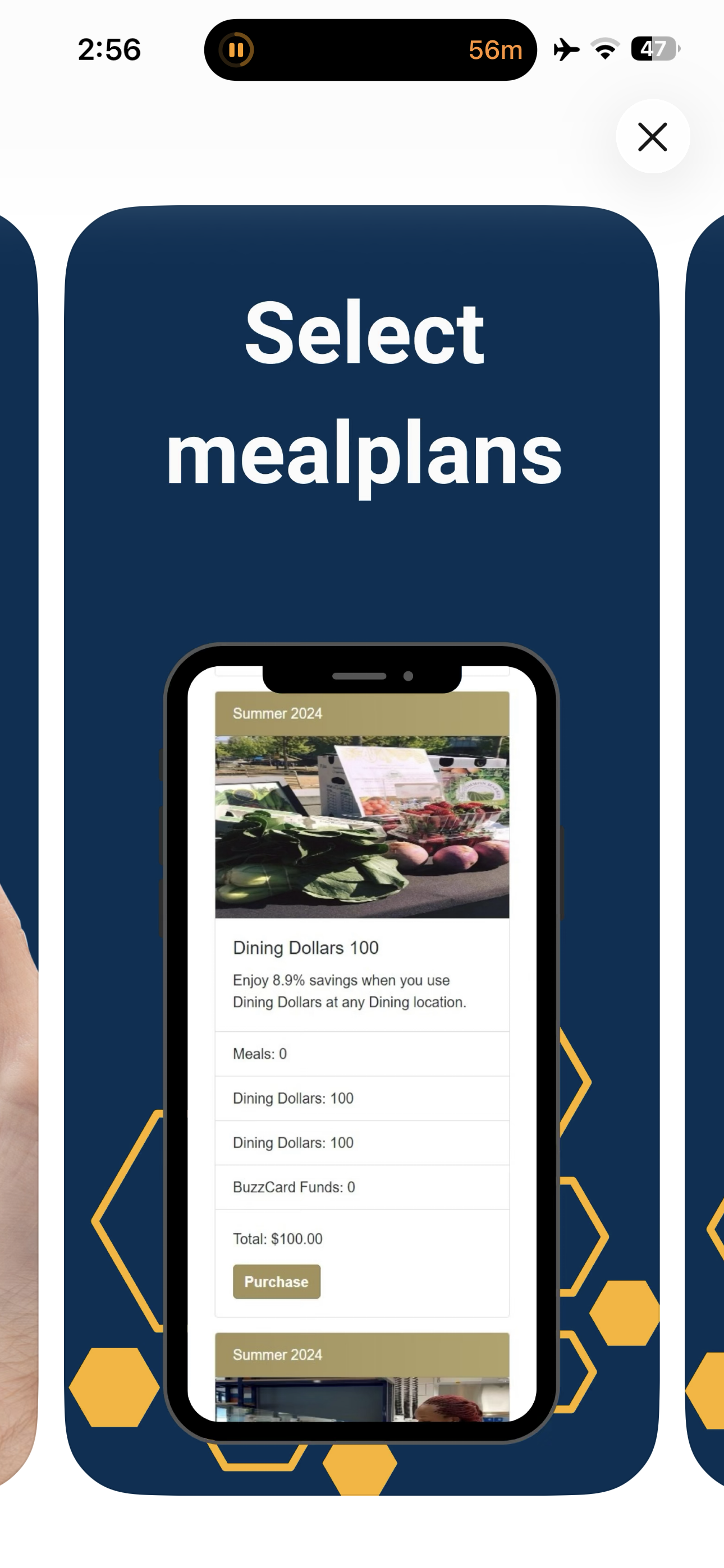 TechEats mobile app-store image showing a student selecting meal plans